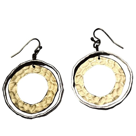 Vintage Inspired Gold Silver Tone Hammered Circle Drop Earrings Retro Jewelry - Picture 1 of 4